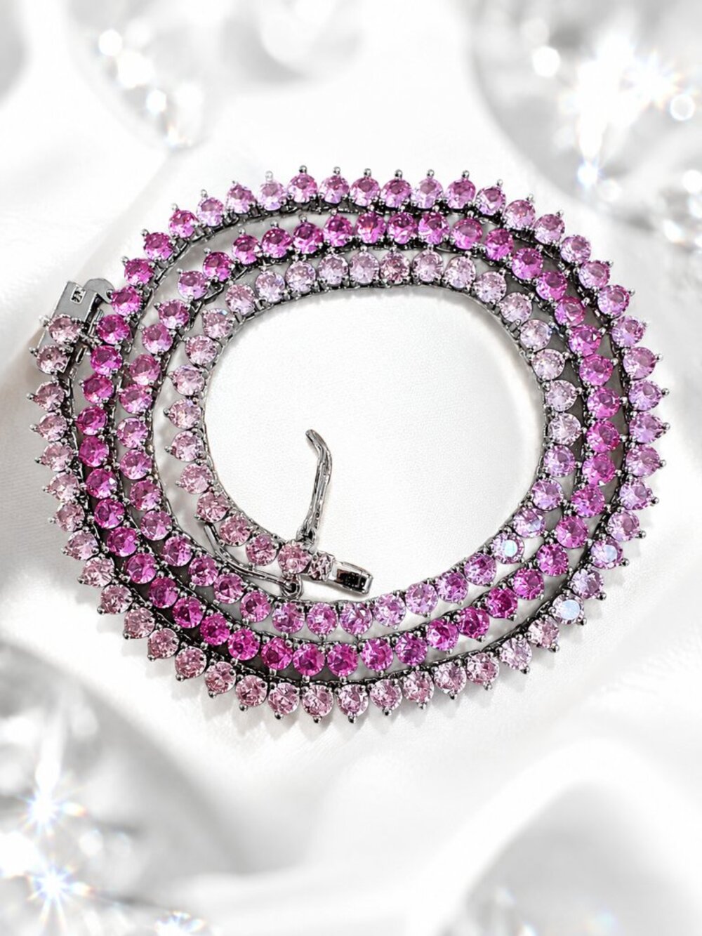 3mm Pink Simulated Sapphire Diamondette Ombré Tennis Necklace 18" - Picture 3 of 7